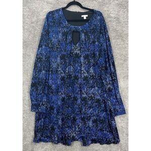 Cato Dress Womens 26-28W Knee Length‎ Blue Floral Keyhole Long Sleeve Back Zip